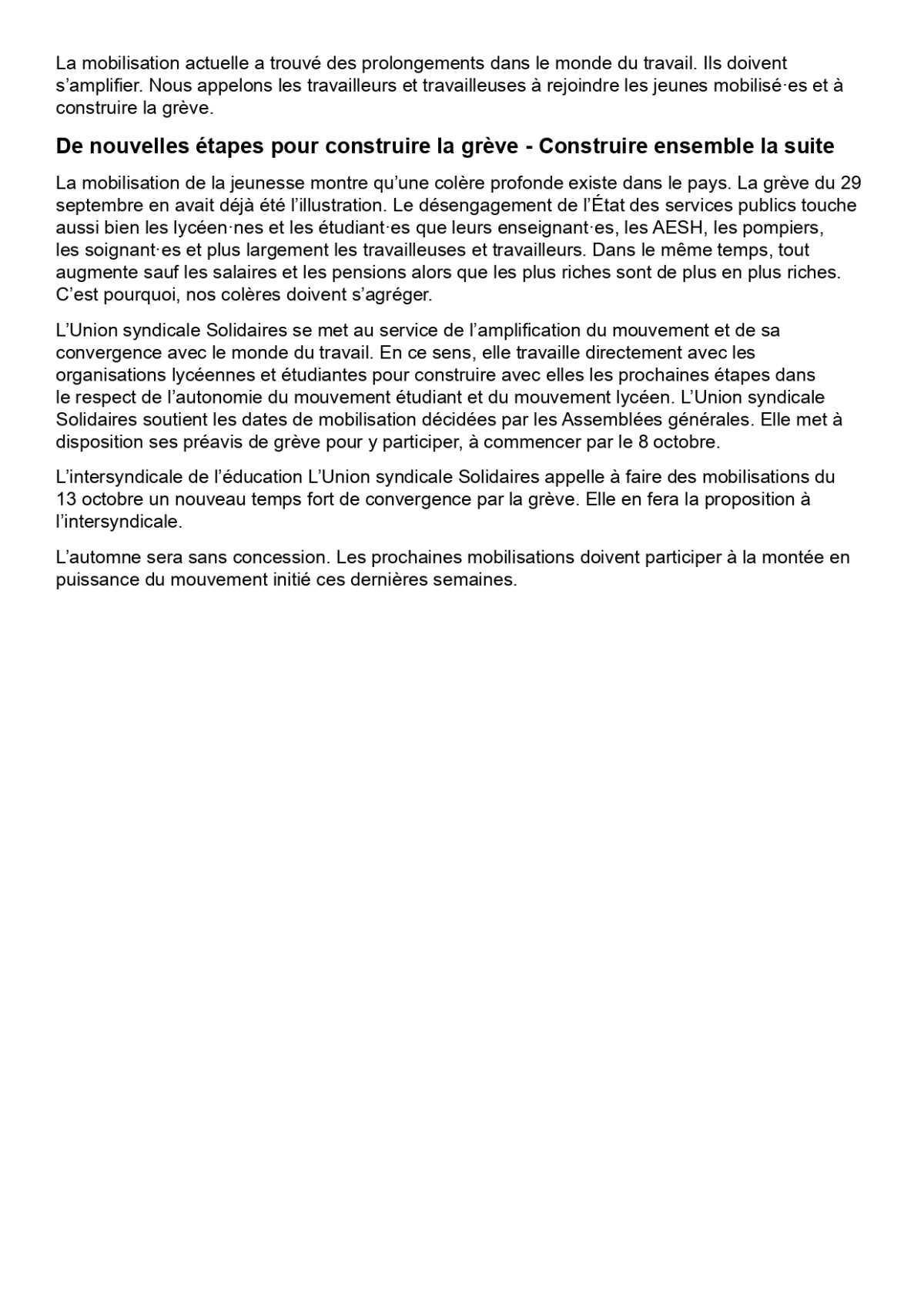 Solidaires avec la jeunesse en lutte !