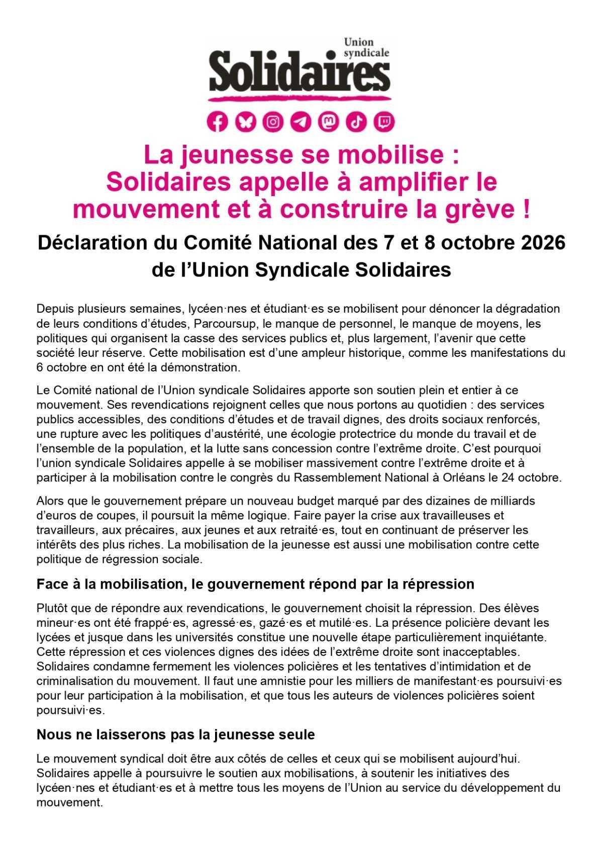 Solidaires avec la jeunesse en lutte !