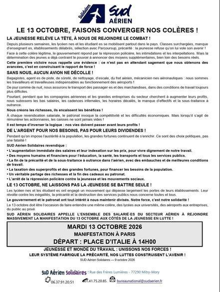 SUD Aérien // Le 13 octobre, faisons converger nos colères !