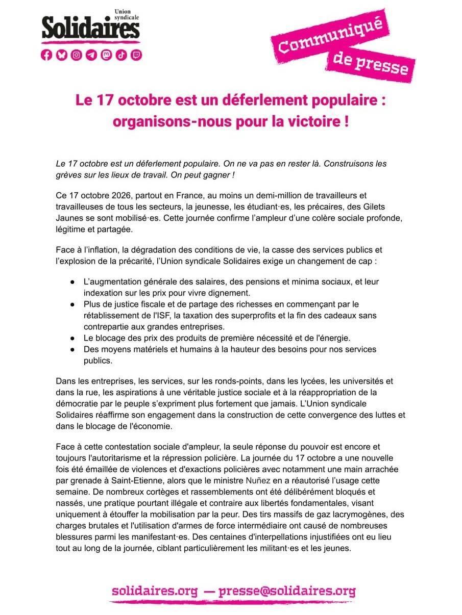 Solidaires // Le 17 octobre est un déferlement populaire !