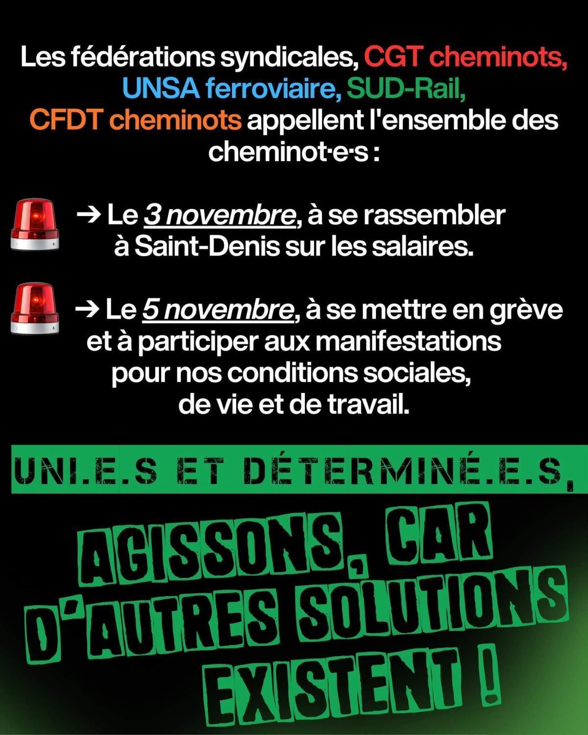 Communiqué unitaire des cheminots pour les 3 et 5 novembre