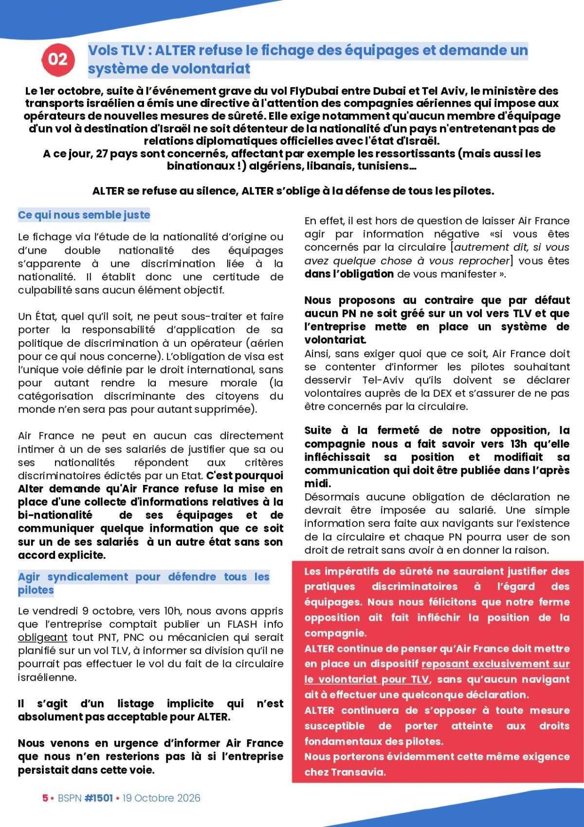 ALTER // Bulletin Syndical du Personnel Naviguant # 1501