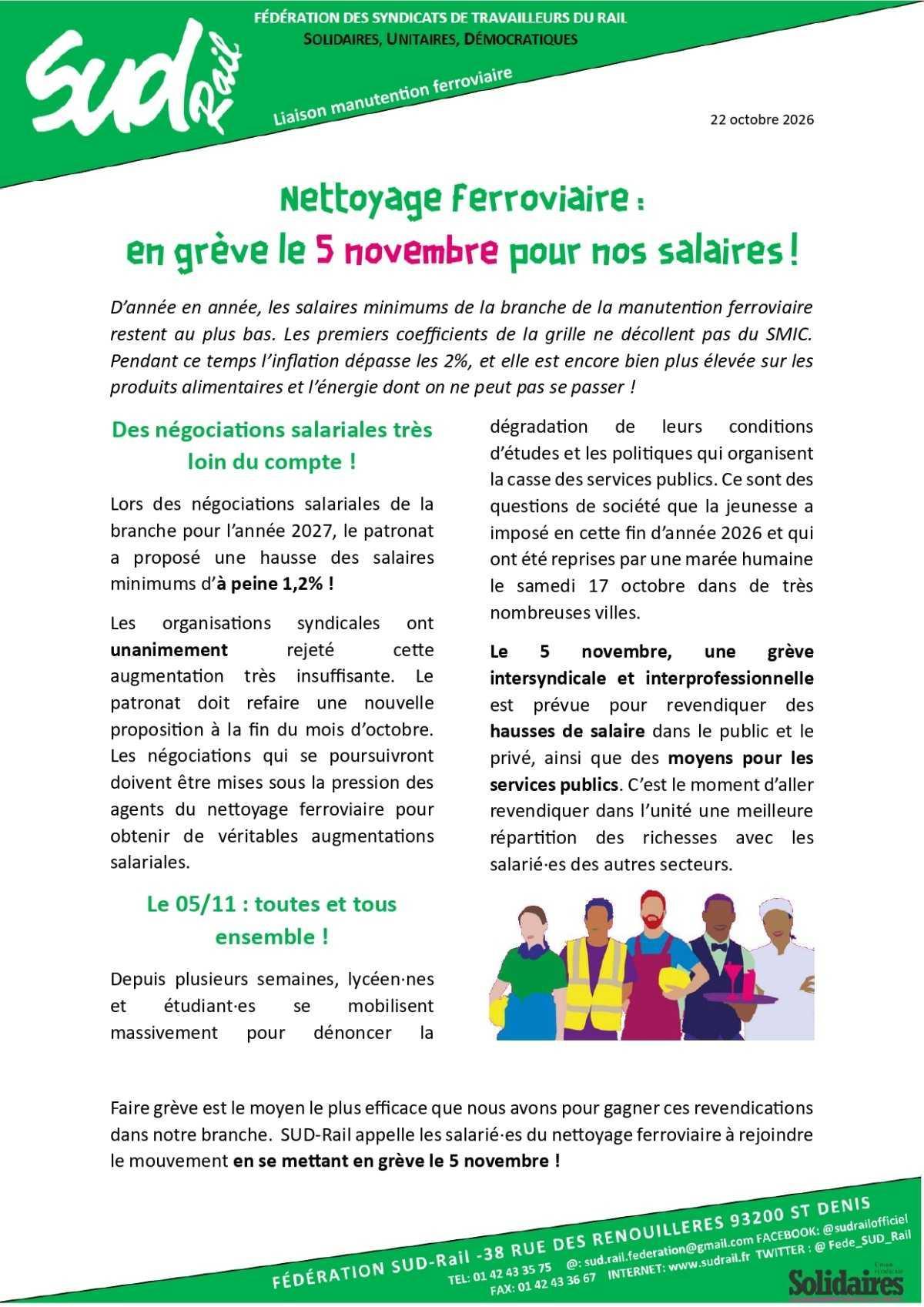 Nettoyage ferroviaire : en grève le 5/11 pour nos salaires !