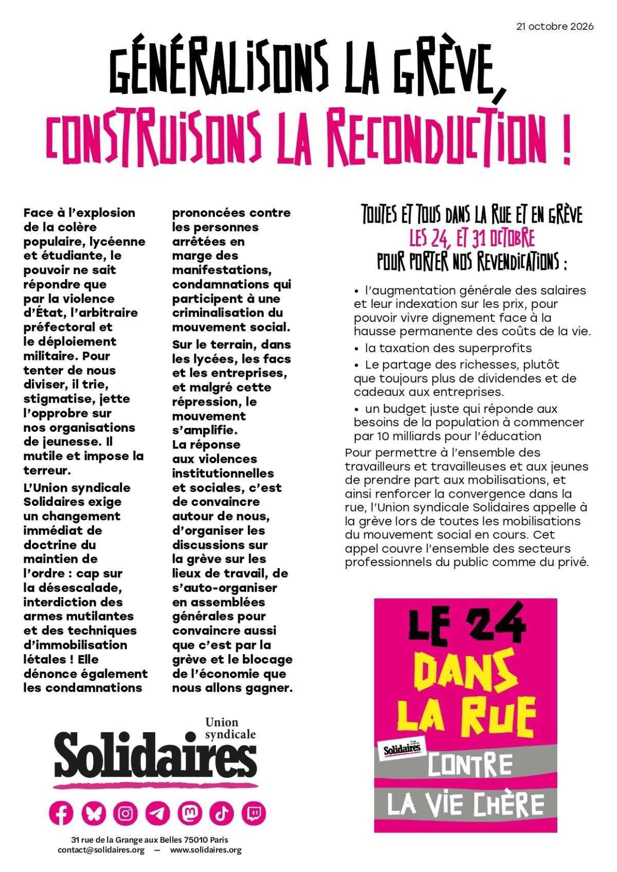 Généralisons la grève, construisons la reconduction !