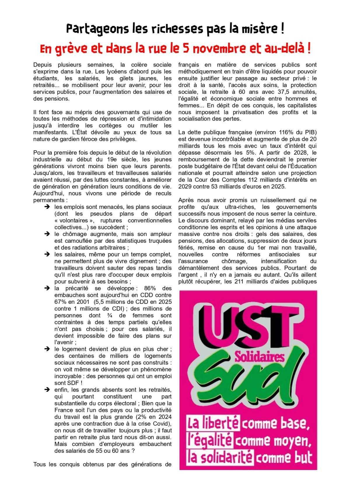 UST SUD // Partageons les richesses, pas la misère ! en grève et en manif le 5/11