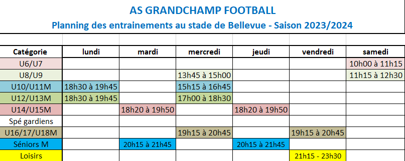Planning des entrainements - saison 2023-2024