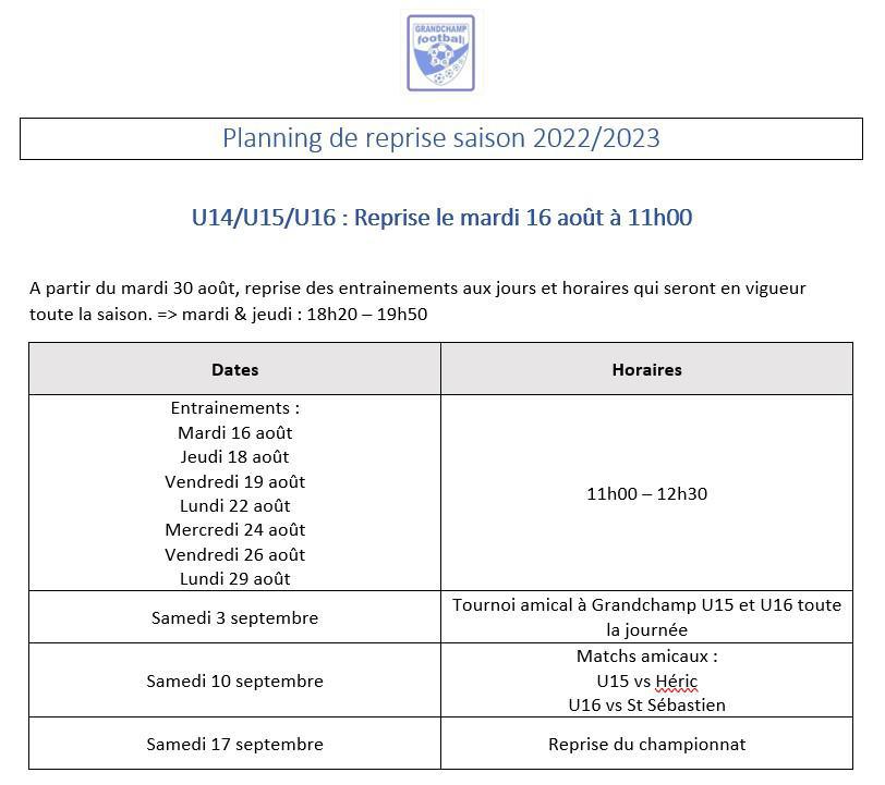Planning de reprise U6 A U16