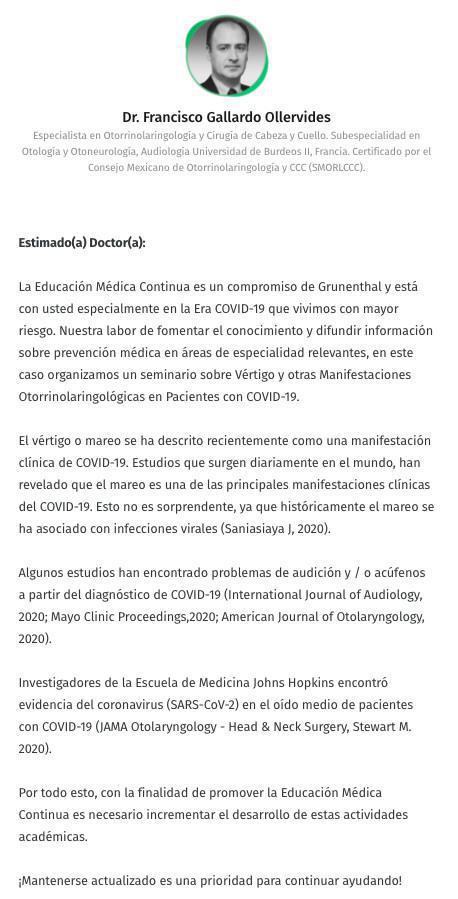 Vértigo y Otras Mnaifestaciones Otorrinolaringológicas en Pacientes con COVID-19