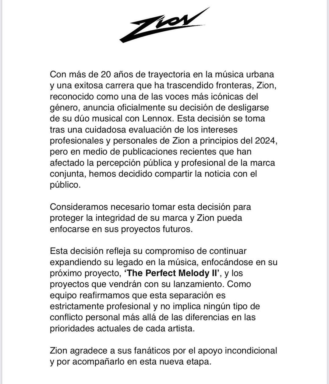 El dúo musical puertorriqueño Zion & Lennox anunció su separación profesional luego de más de dos décadas de trabajo y una serie de éxitos en el mundo del género urbano.