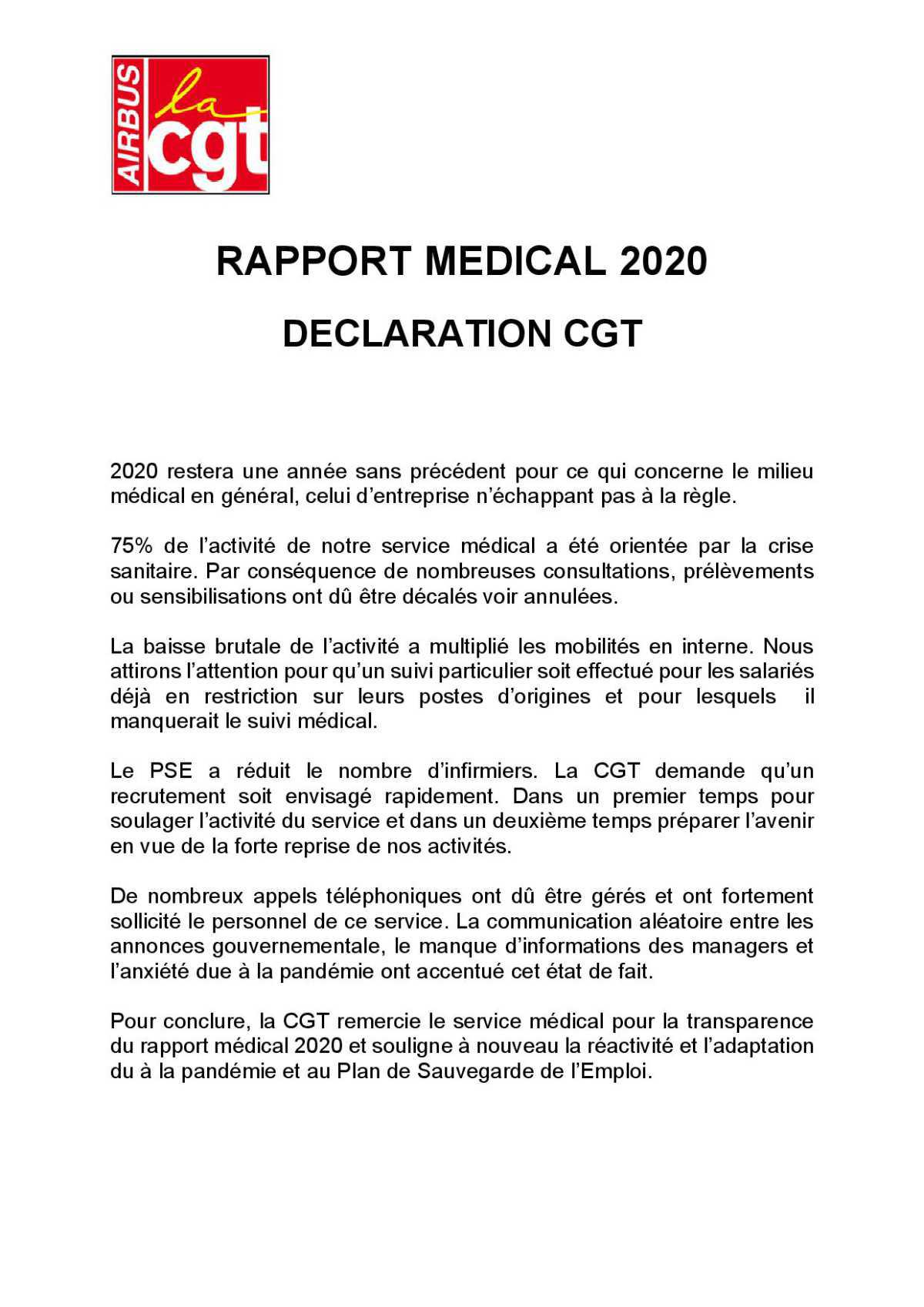 RAPPORT MEDICAL 2020 Déclaration CGT au CSE