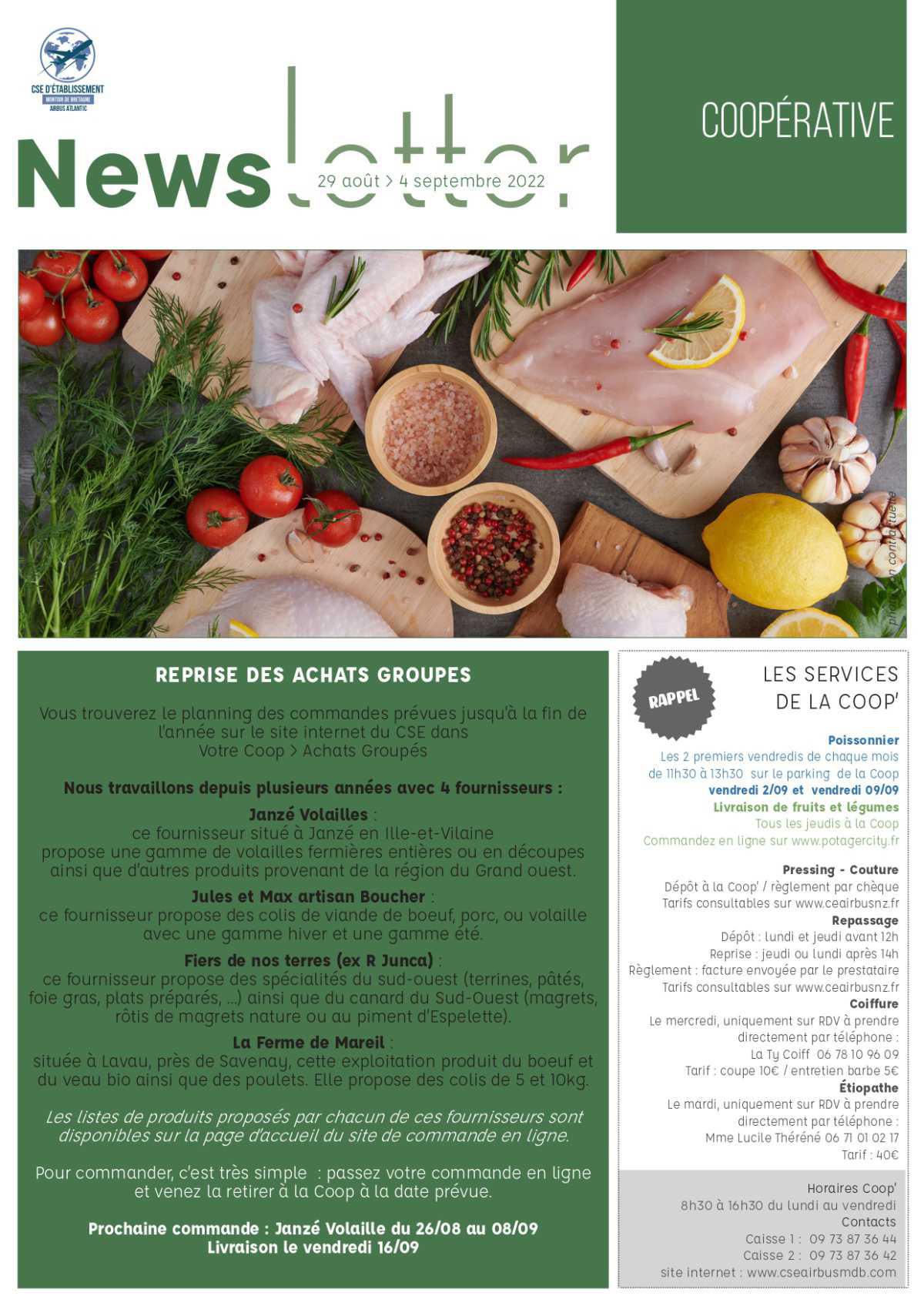 Newsletter du 29/08/22 au 02/09/22