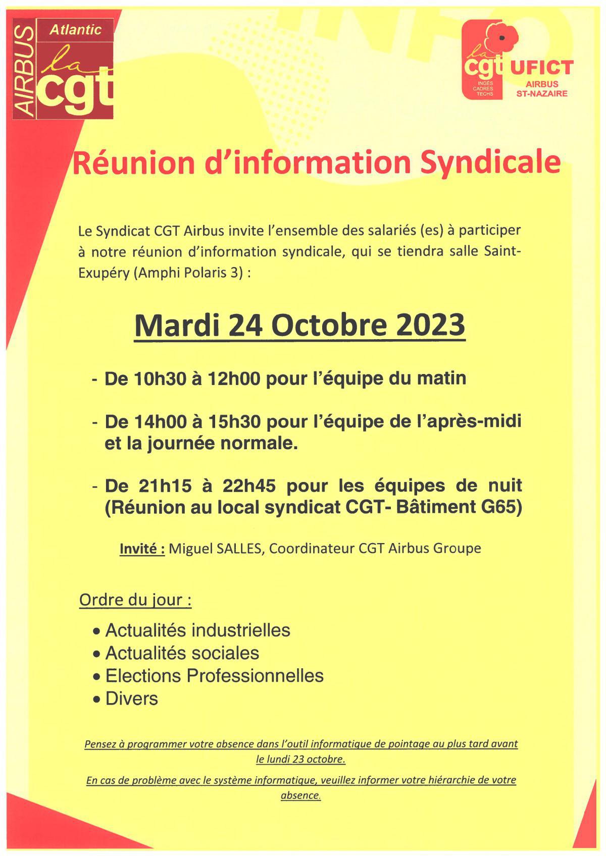 24 octobre 2023 : Réunion d'information syndicale