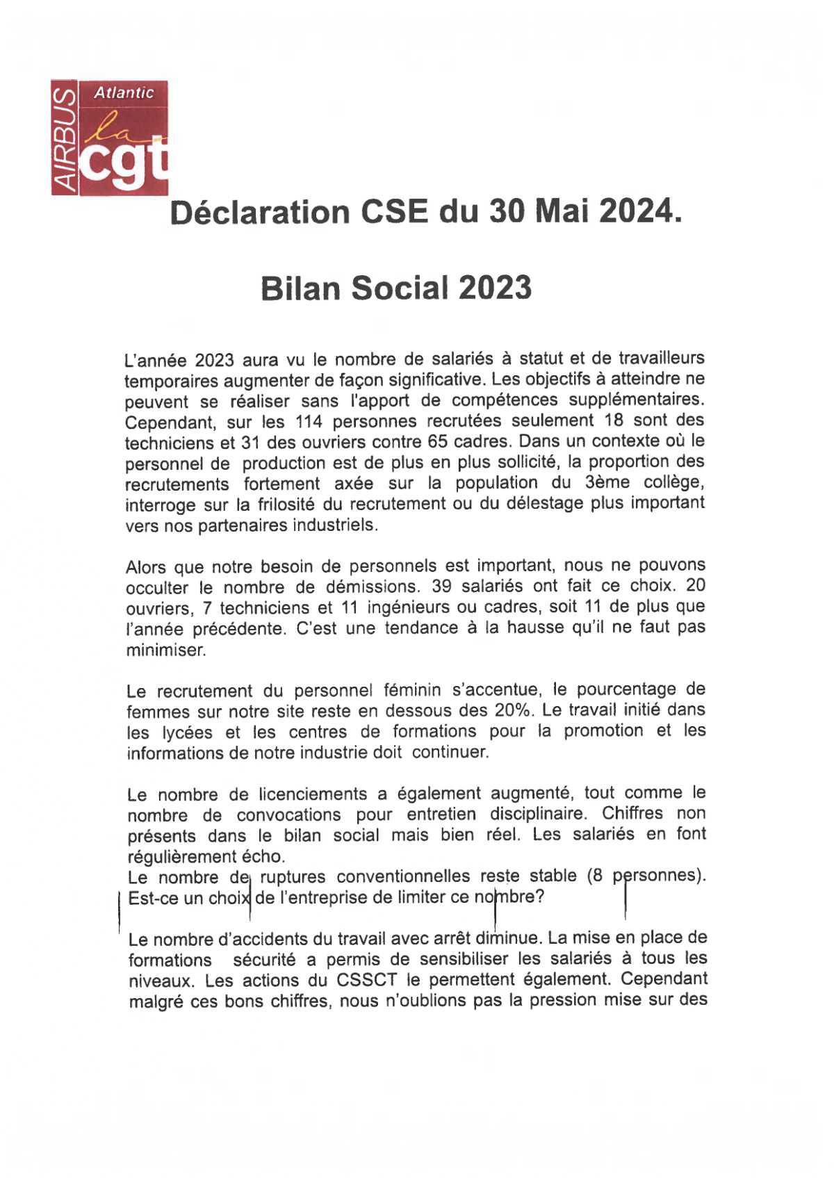 Déclaration CSE : Bilan social 2023