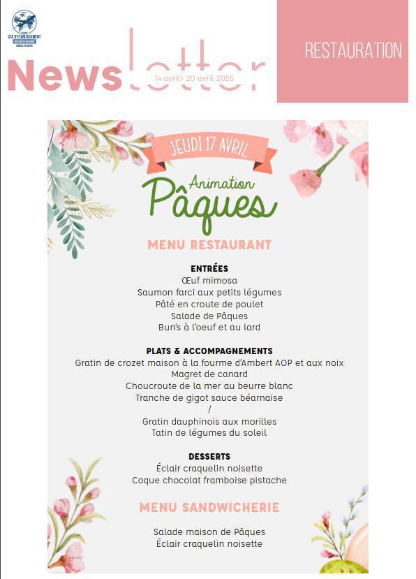 Newsletter du 14 au 18 Avril 2025.