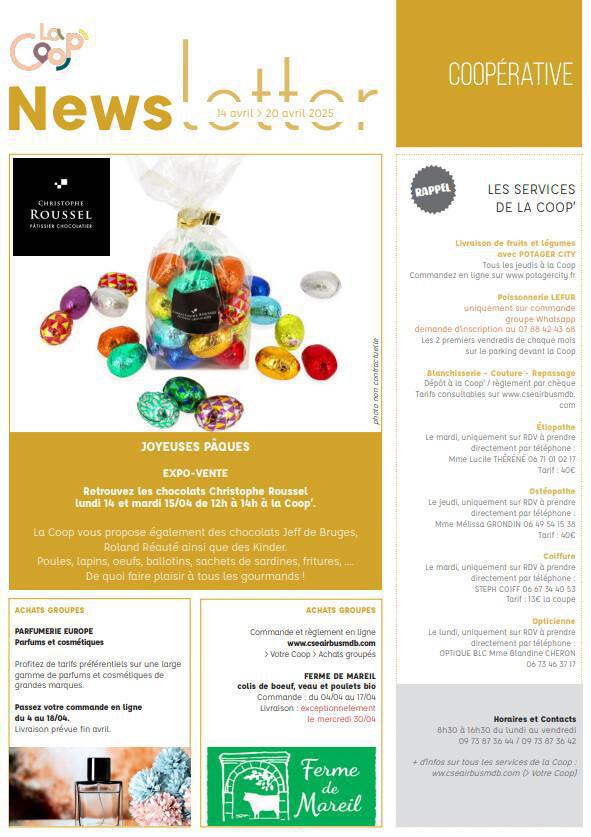 Newsletter du 14 au 18 Avril 2025.