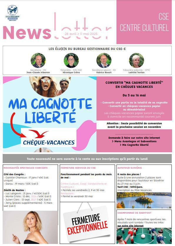 Newsletter du 28 Avril au 11 Mai 2025.