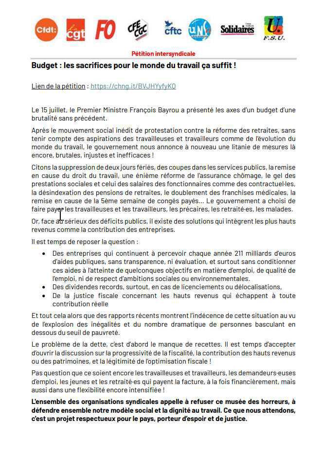 Budget : Pétition intersyndicale