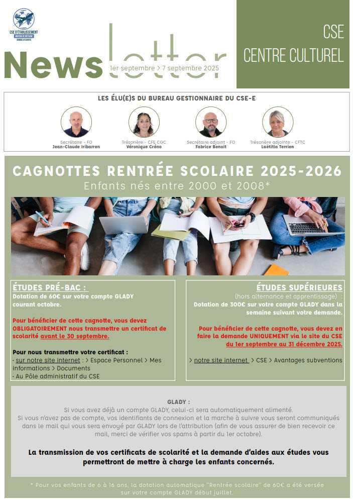 Newsletter du 1er au 7 septembre 2025