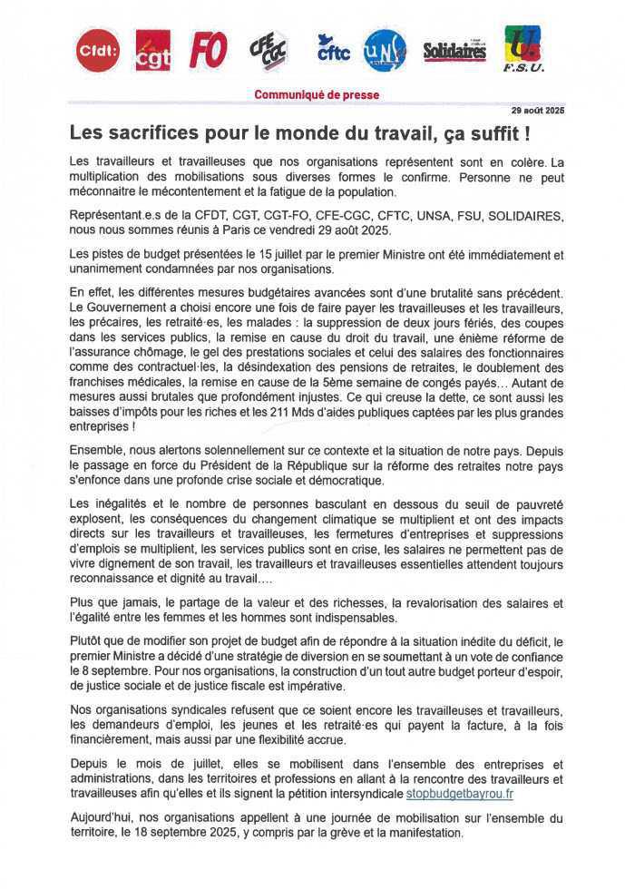 Les sacrifices pour le monde du travail, ça suffit!