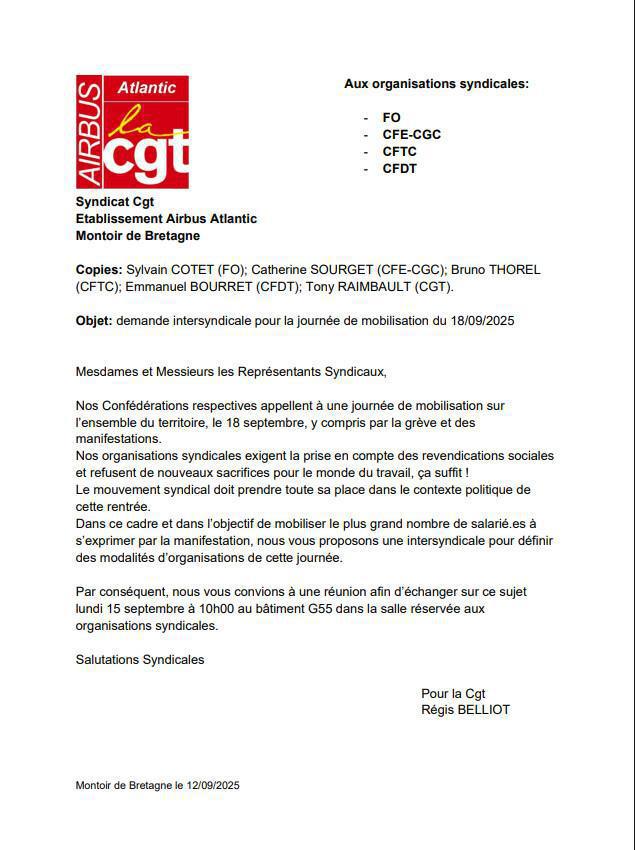 Mobilisation du 18 septembre 2025: Demande d'intersyndicale.