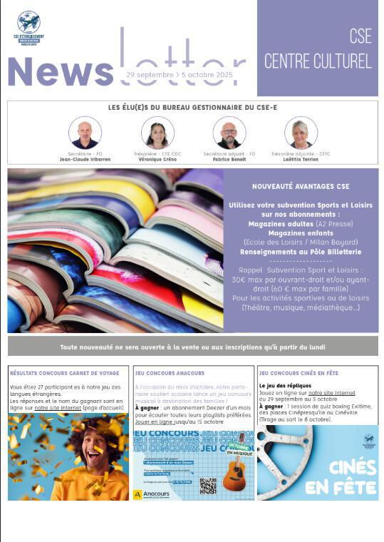 Newsletter du 29 septembre au 3 octobre 2025.