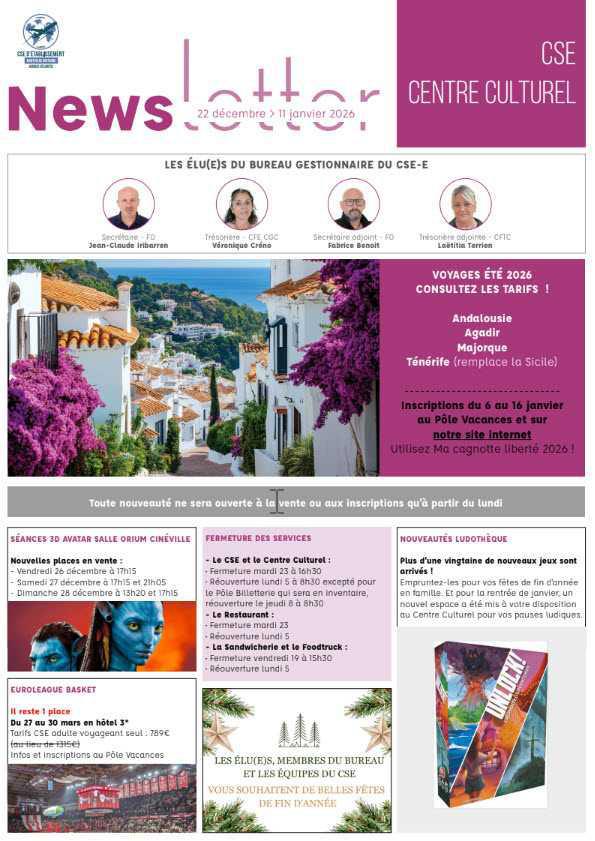 Newsletter du 22 décembre 2025 au 11 janvier 2026