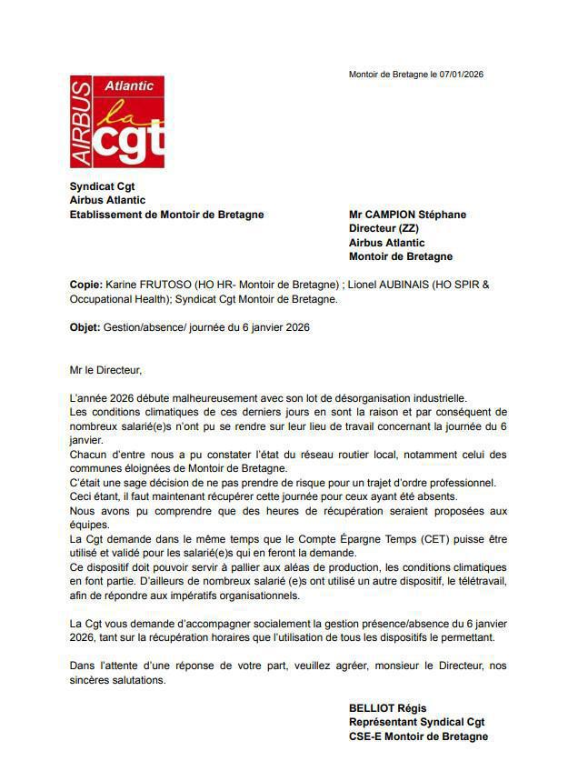 Courrier à la Direction pour la gestion du 06 Janvier 2026.