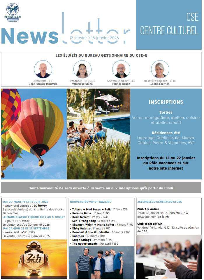 Newsletter du 12 au 18 janvier 2026