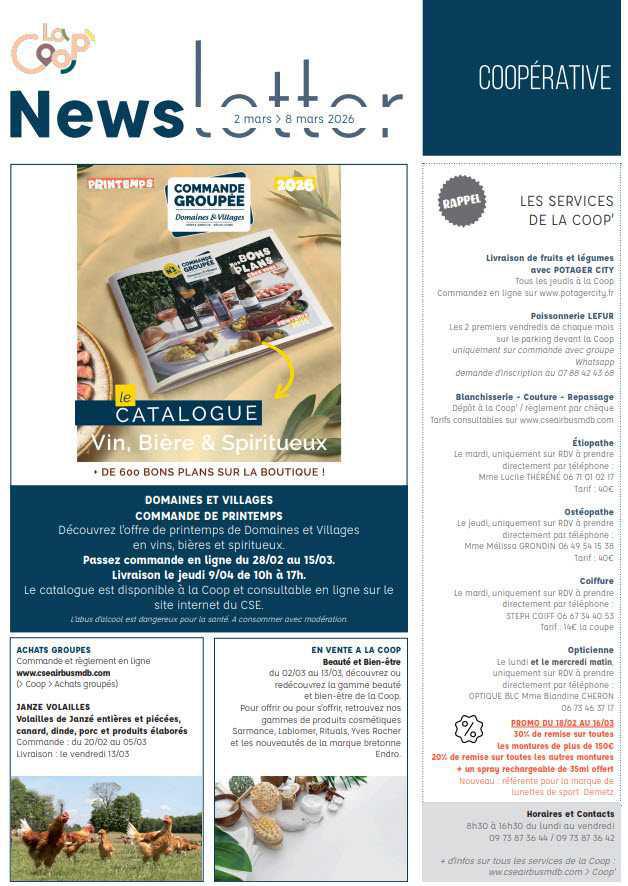 Newsletter du 2 au 8 mars 2026