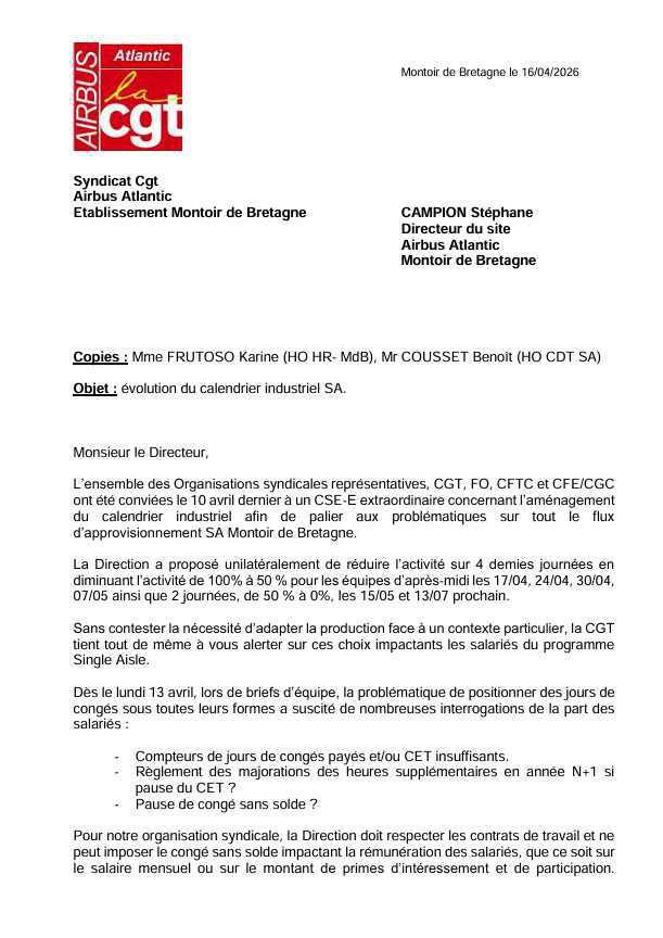 Courrier a la Direction : Calendrier industriel