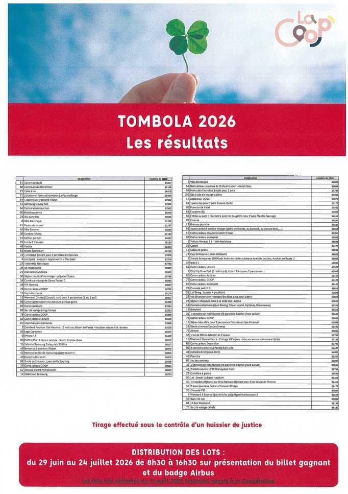 Tirage tombola CSE 2026