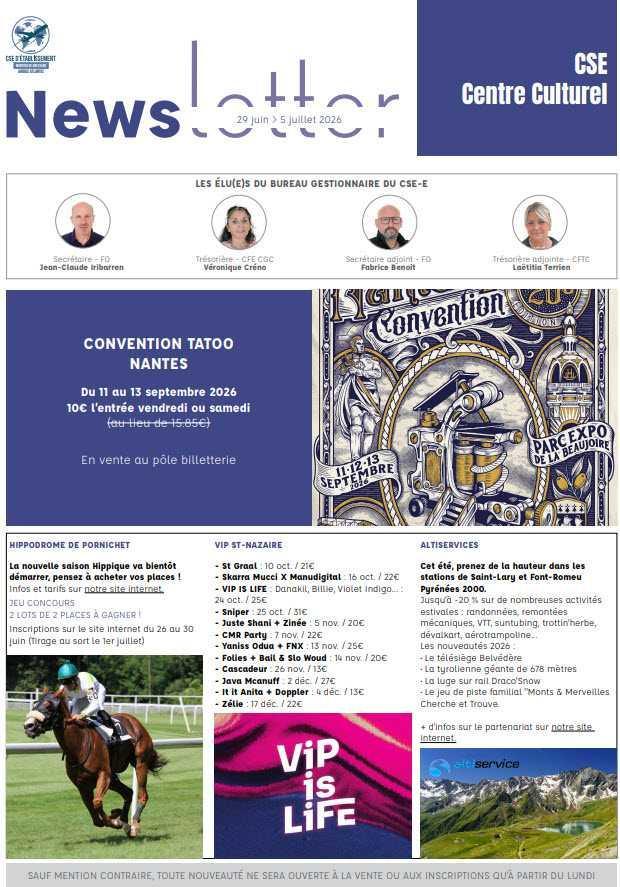 Newsletter du 29 juin au 5 juillet 2026