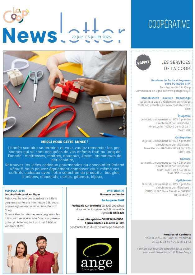 Newsletter du 29 juin au 5 juillet 2026