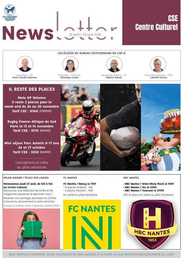 Newsletter du 24 au 30 août 2026