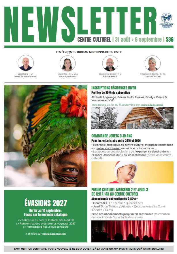 Newsletter du 31 août au 6 septembre 2026