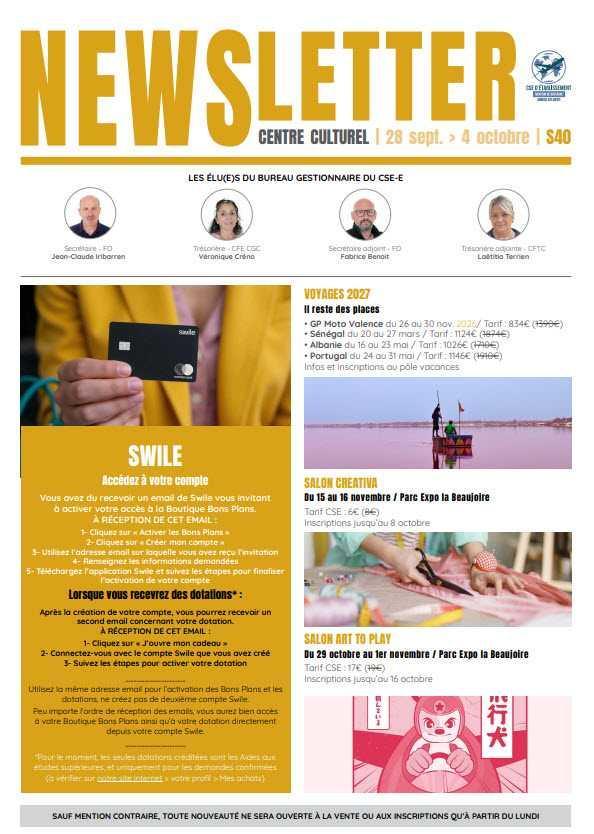 Newsletter du 28/09 au 02/10.