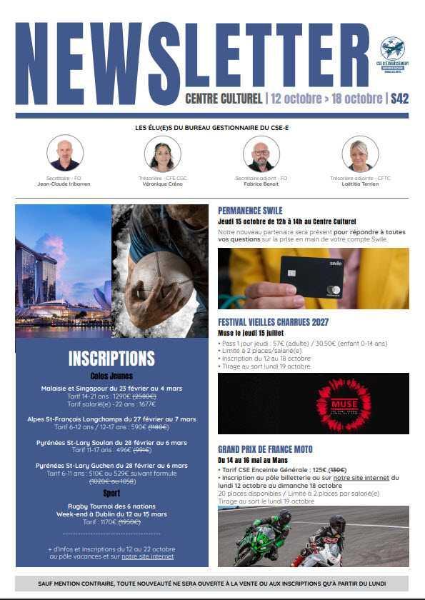 Newsletter du 12 au 16 Octobre 2026.
