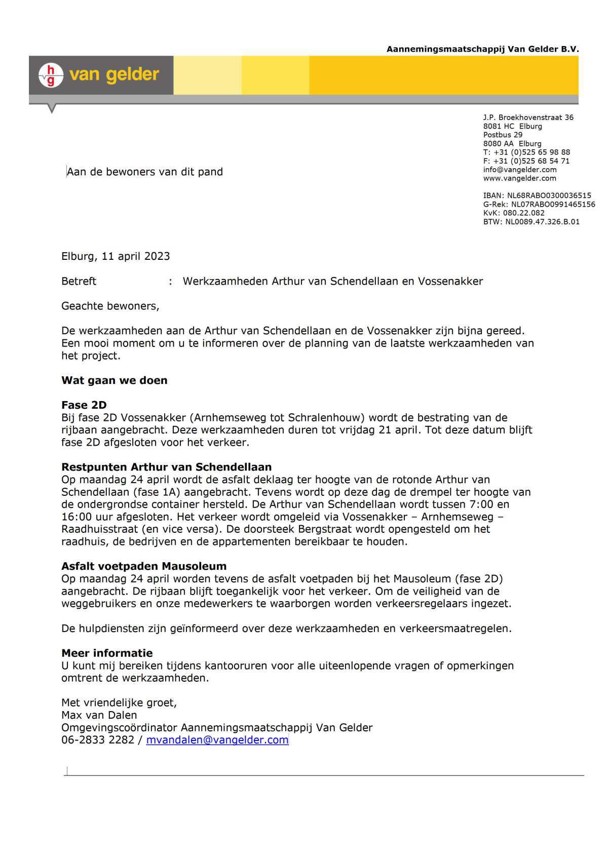 Bewonersbrief laatste werkzaamheden Vossenakker/Arthur van Schendellaan