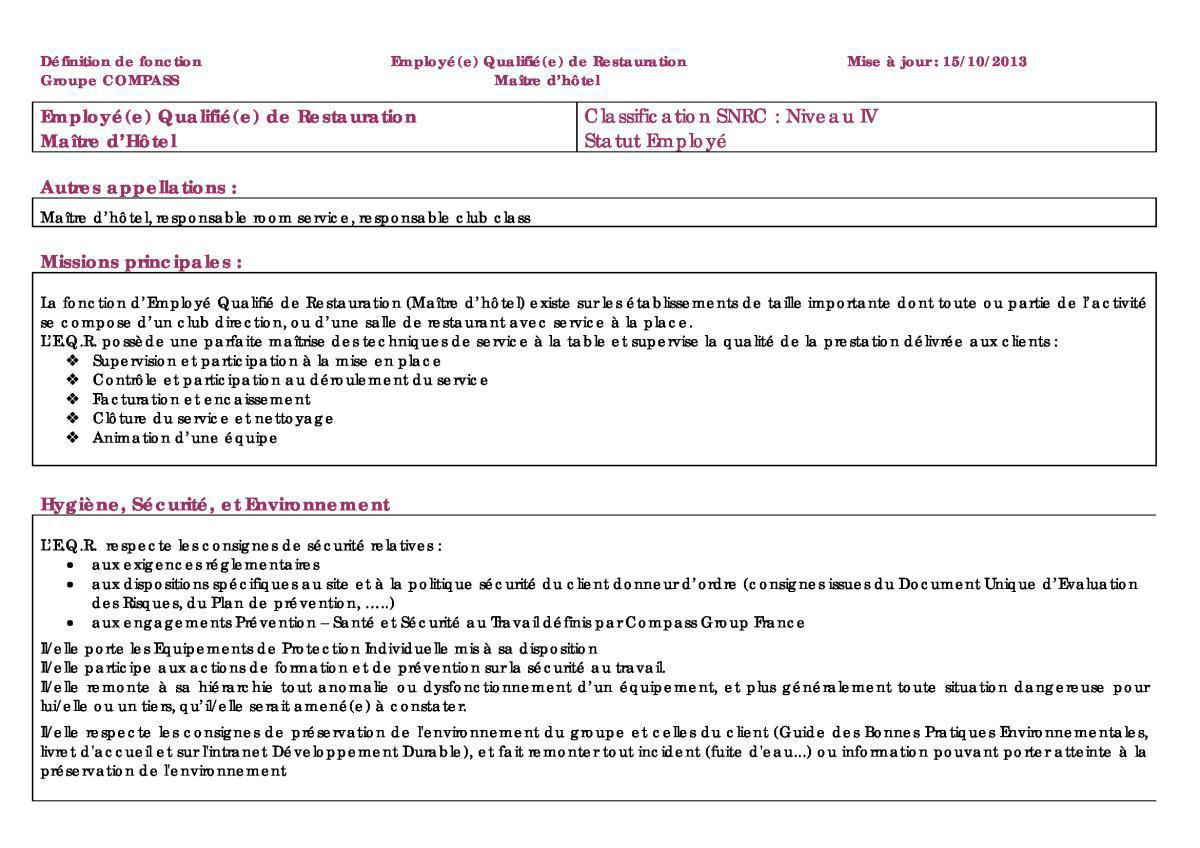 FICHE DE POSTE FICHE DE POSTE