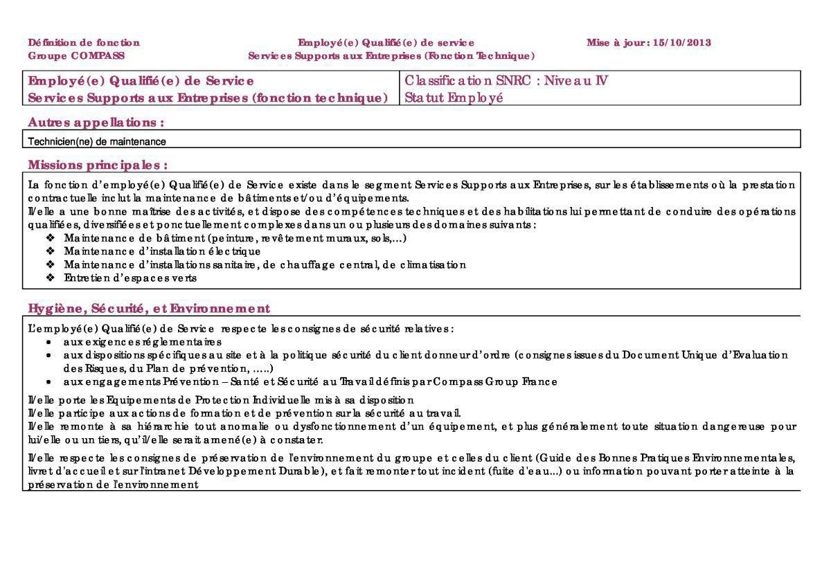 FICHE DE POSTE FICHE DE POSTE