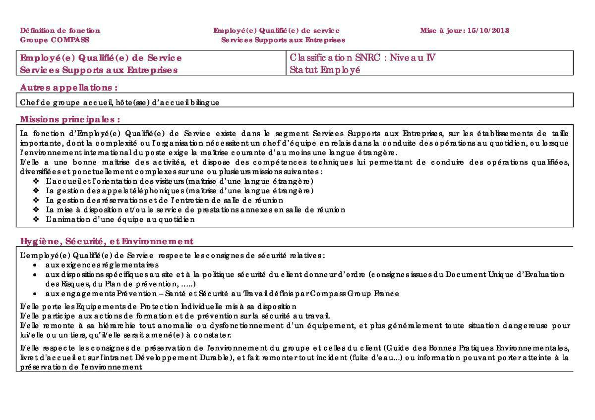 FICHE DE POSTE FICHE DE POSTE