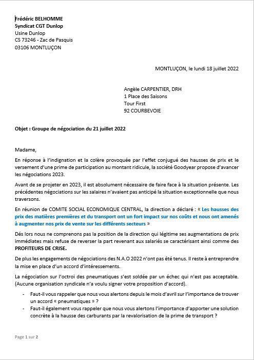 Courrier CGT groupe négociations 21 juillet 2021