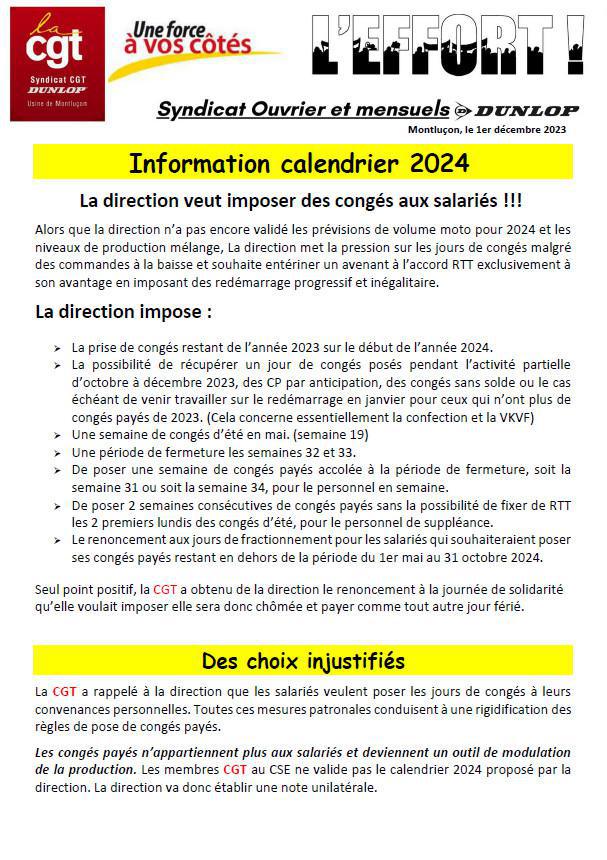Information calendrier 2024