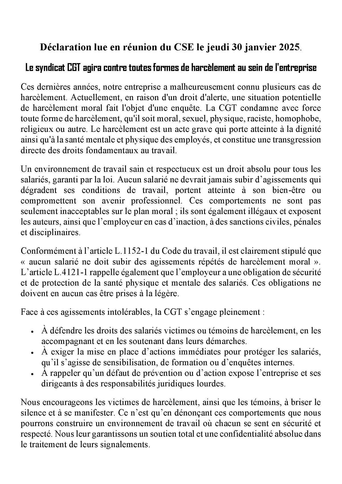 Déclaration CGT au CSE du 30 janvier 2025