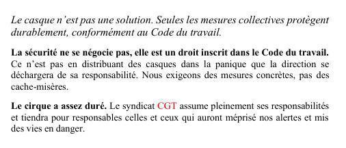 Information CGT: risque de chute de pierres
