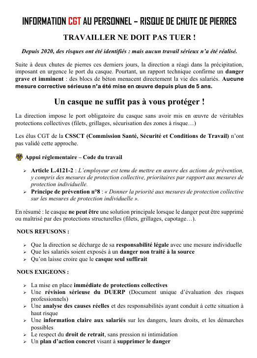 Information CGT: risque de chute de pierres