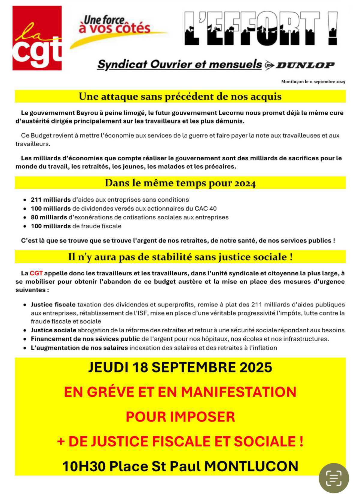 Grève et manifestations jeudi 18 septembre 2025