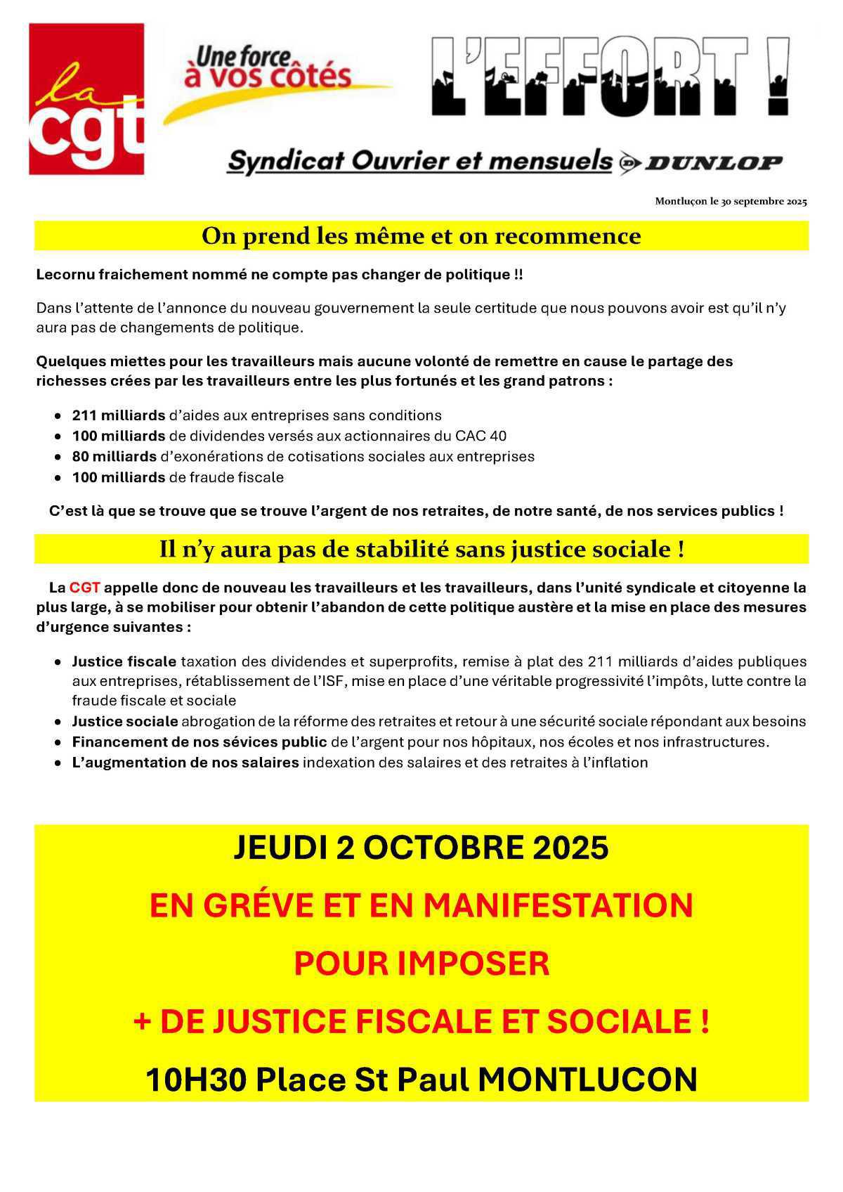 Grève et manifestation jeudi 2 octobre