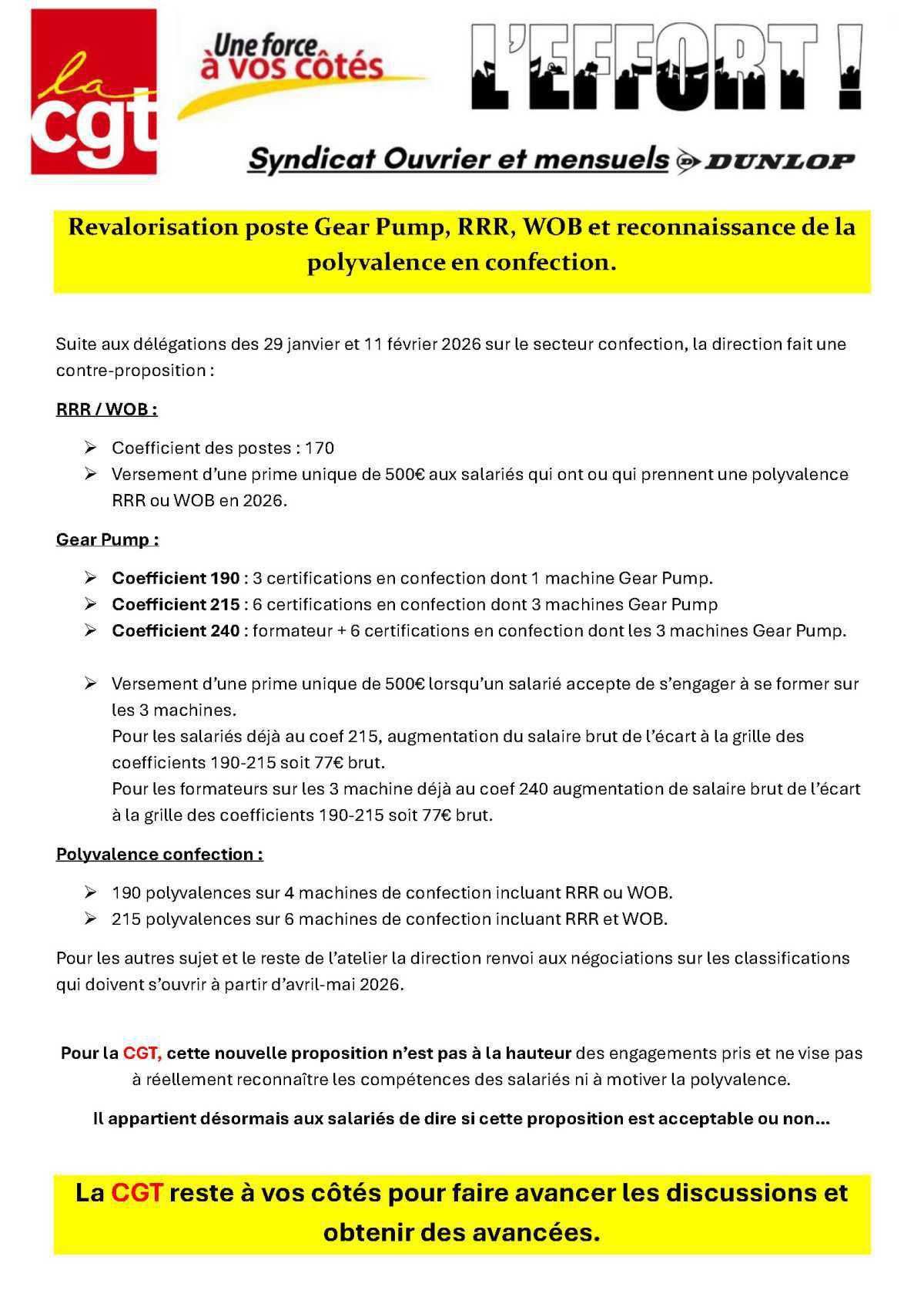 Revalorisation poste Gear Pump, RRR, WOB et reconnaissance de la polyvalence en confection
