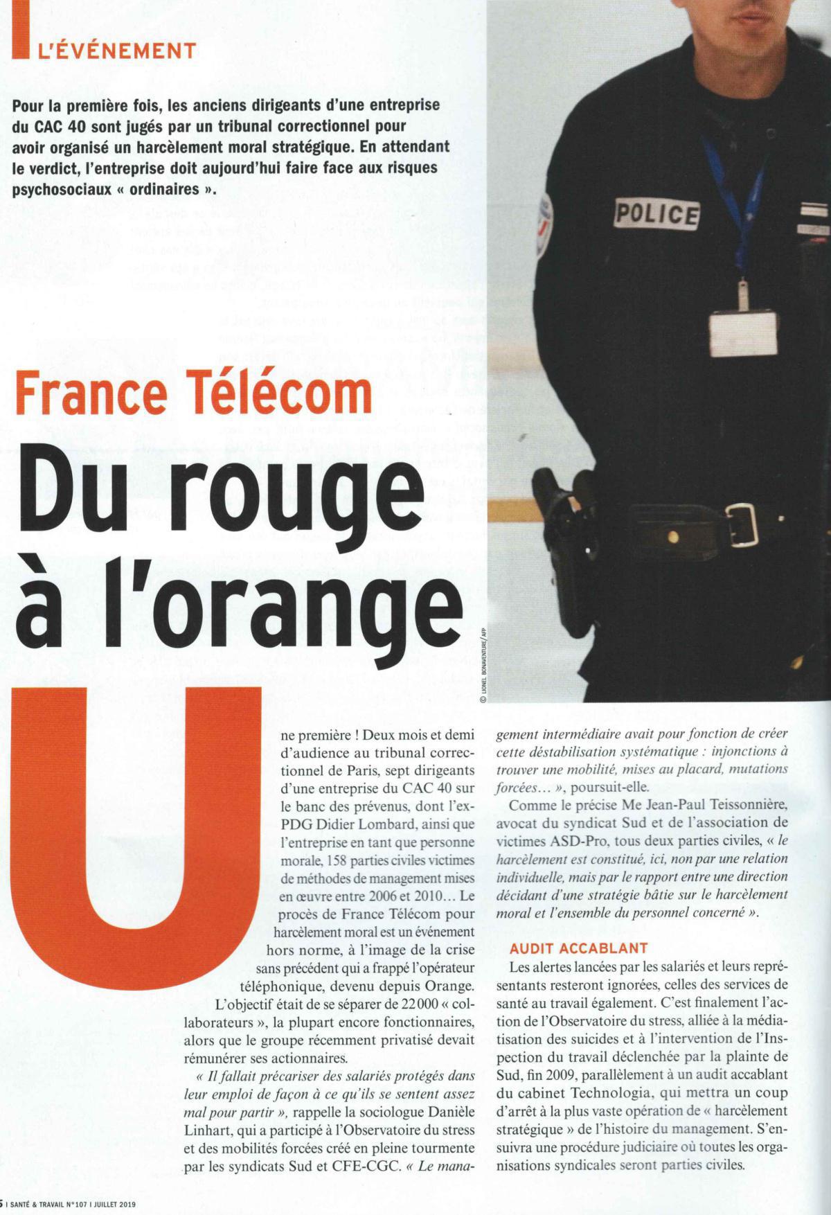 Article Santé et Travail Juillet 2019. France télécom passe du rouge à l'Orange